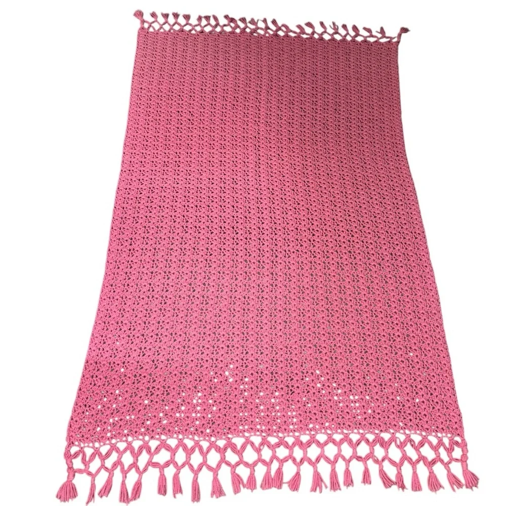 📌Handmade Crochet Pink Throw Blanket Boho Fringe Afghan 65x45 Home Decor